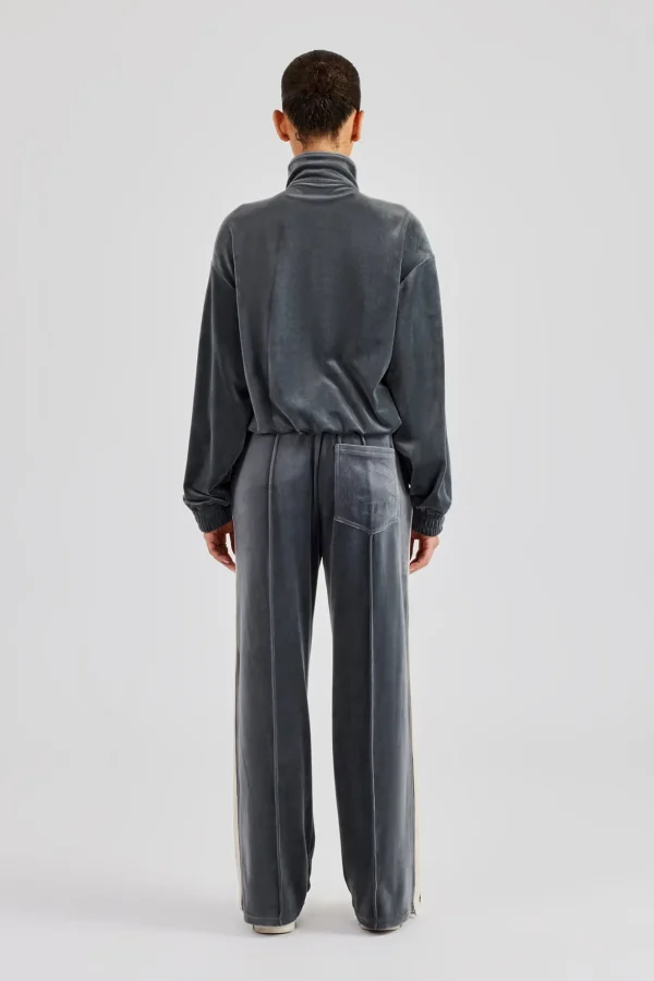 Funnel Neck Taping Zip Through Velour Tracksuit - Grey