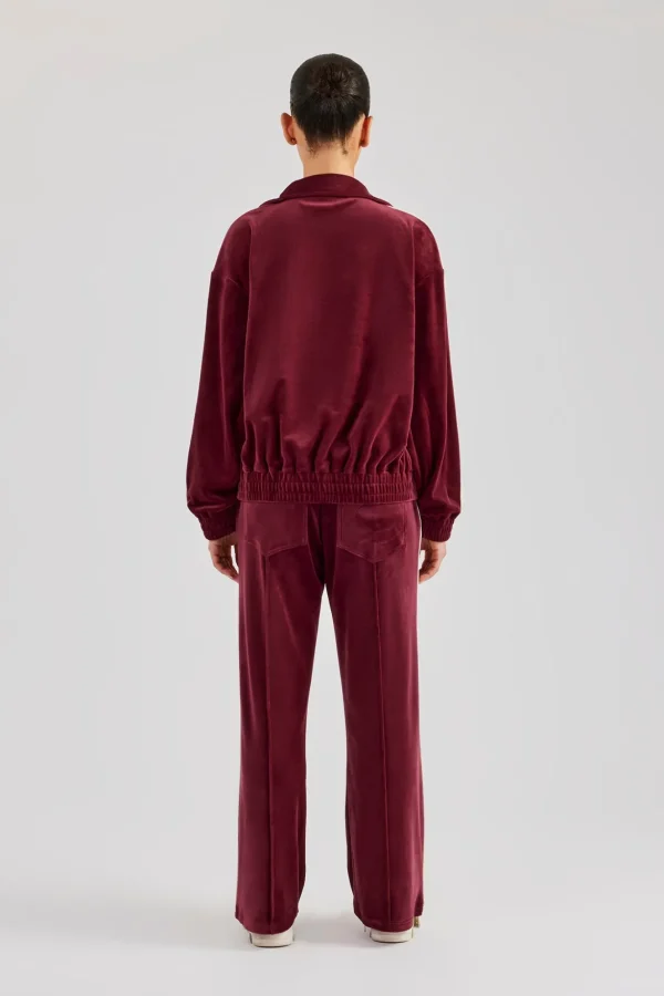 Funnel Neck Taping Zip Through Velour Tracksuit - Burgundy