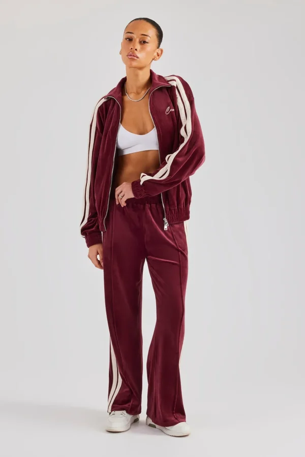 Funnel Neck Taping Zip Through Velour Track Jacket - Burgundy