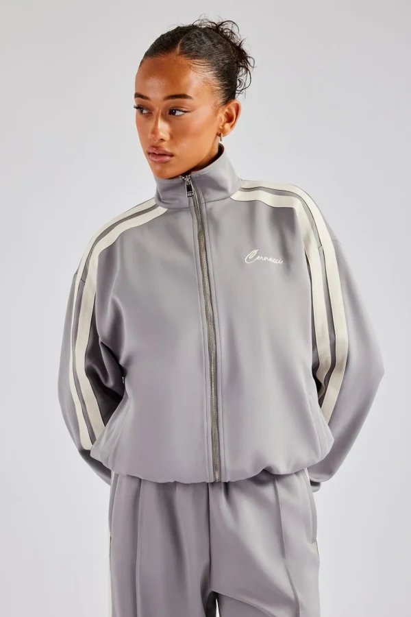 Funnel Neck Taping Zip Through Track Jacket - Grey