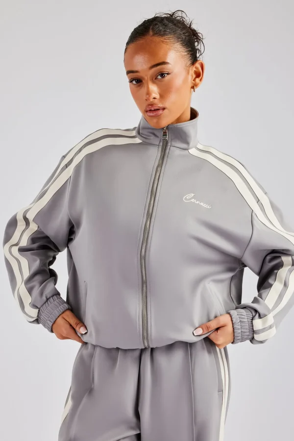 Funnel Neck Taping Zip Through Track Jacket - Grey