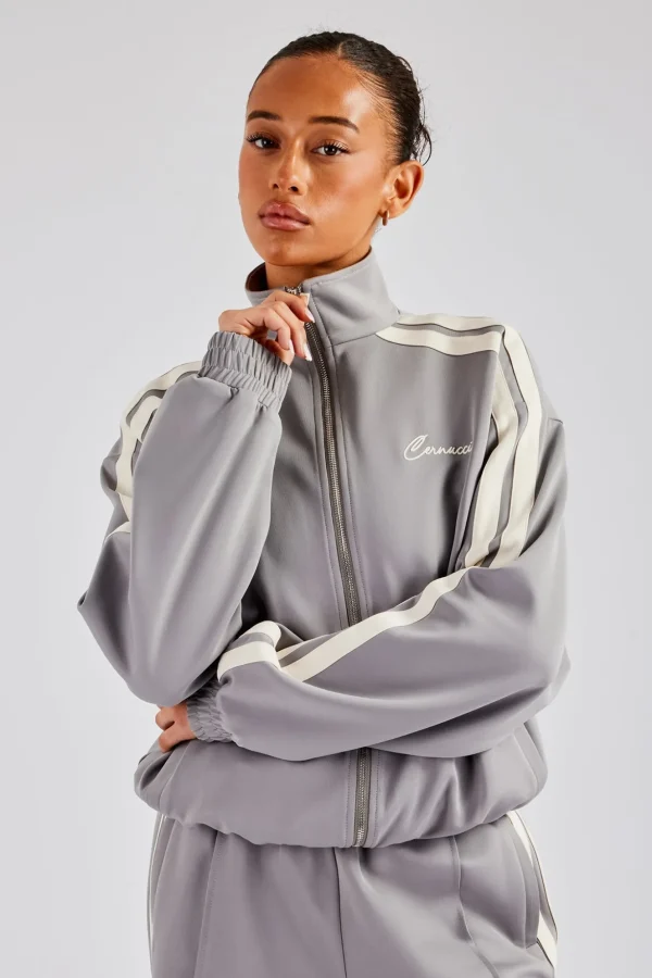 Funnel Neck Taping Zip Through Track Jacket - Grey