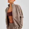 Funnel Neck Zip Through Sweat - Taupe