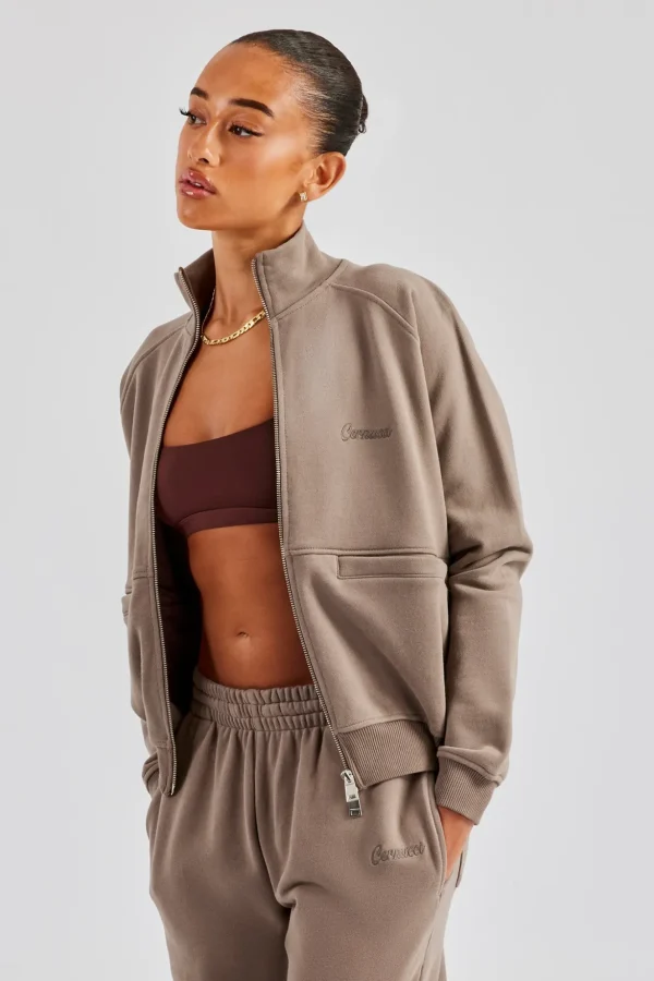 Funnel Neck Zip Through Sweat - Taupe