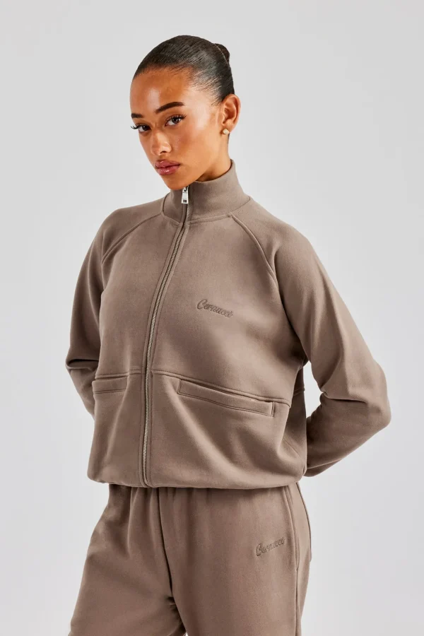 Funnel Neck Zip Through Sweat - Taupe