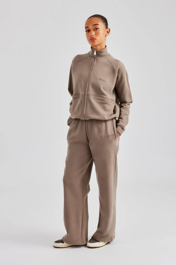 Funnel Neck Zip Through Sweat - Taupe