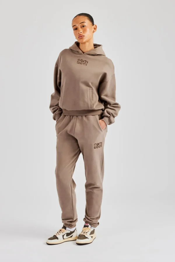 Glitter Applique Boxy Hoodie & Cuffed Jogger - Taupe