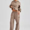 Glitter Applique Boxy Hooded Tracksuit  - Taupe