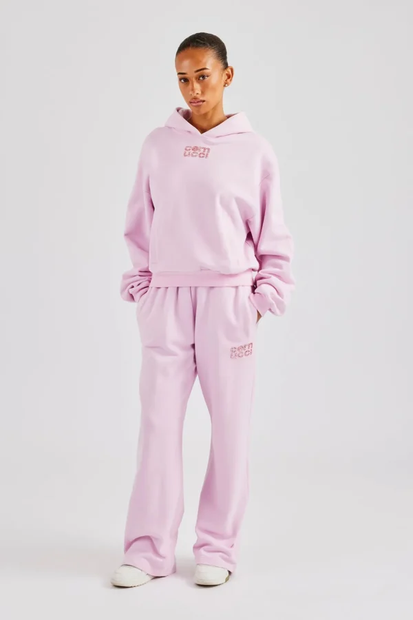 Glitter Applique Boxy Hooded Tracksuit  - Pink