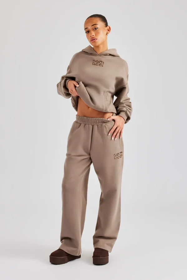 Glitter Applique Boxy Hooded Tracksuit  - Taupe