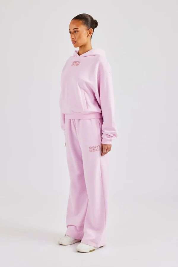 Glitter Applique Boxy Hooded Tracksuit  - Pink