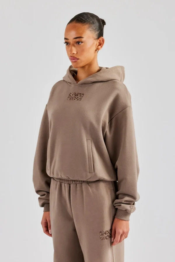 Glitter Applique Boxy Hoodie - Taupe