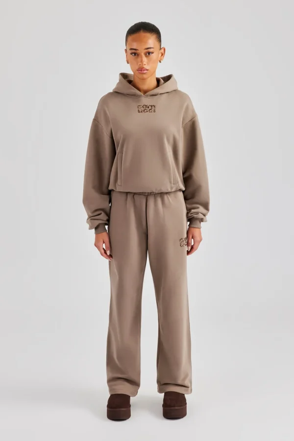 Glitter Applique Boxy Hooded Tracksuit  - Taupe