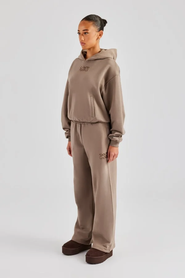 Glitter Applique Boxy Hooded Tracksuit  - Taupe