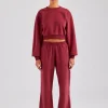 Glitter Applique Cropped Sweatshirt Tracksuit - Cherry Red