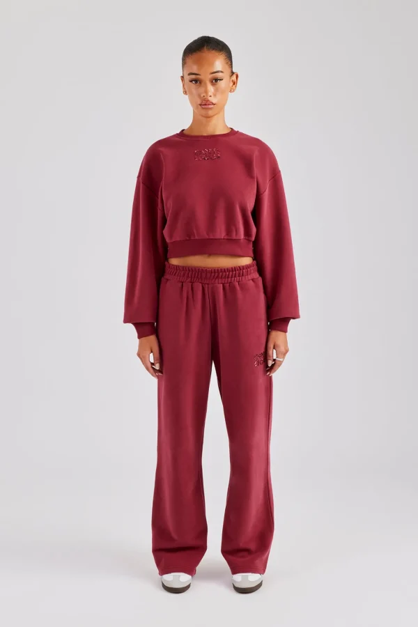 Glitter Applique Cropped Sweatshirt Tracksuit - Cherry Red