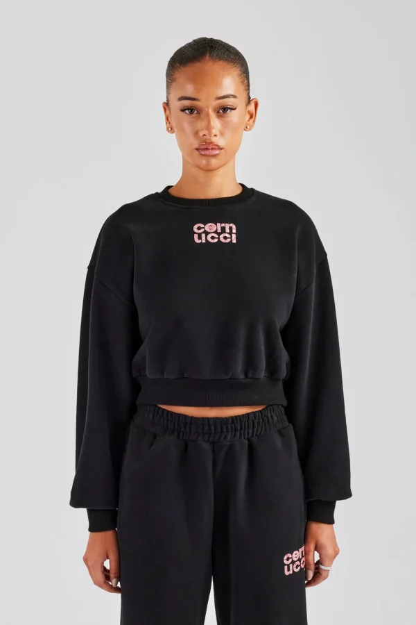 Glitter Applique Cropped Sweatshirt - Black