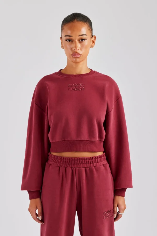 Glitter Applique Cropped Sweatshirt - Cherry Red