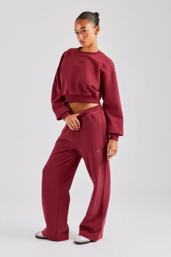 Glitter Applique Cropped Sweatshirt Tracksuit - Cherry Red