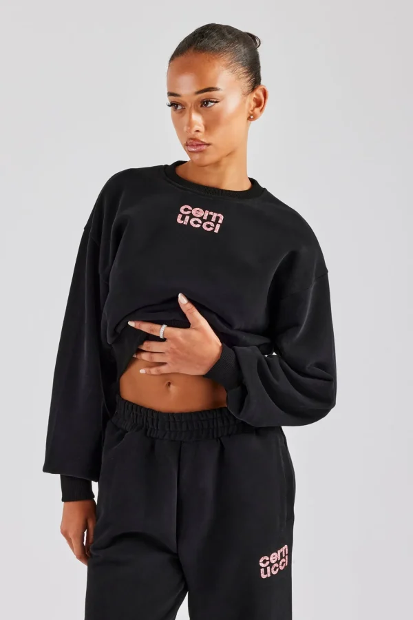 Glitter Applique Cropped Sweatshirt - Black