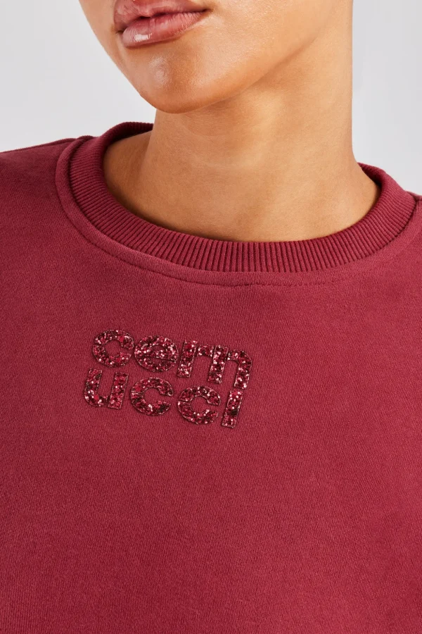 Glitter Applique Cropped Sweatshirt - Cherry Red