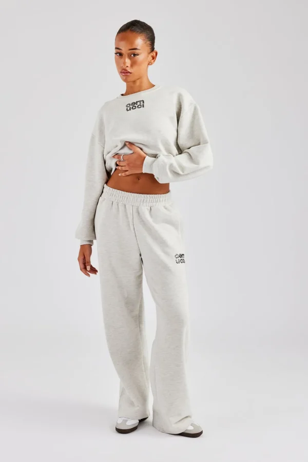 Glitter Applique Cropped Sweatshirt Tracksuit - Grey Marl