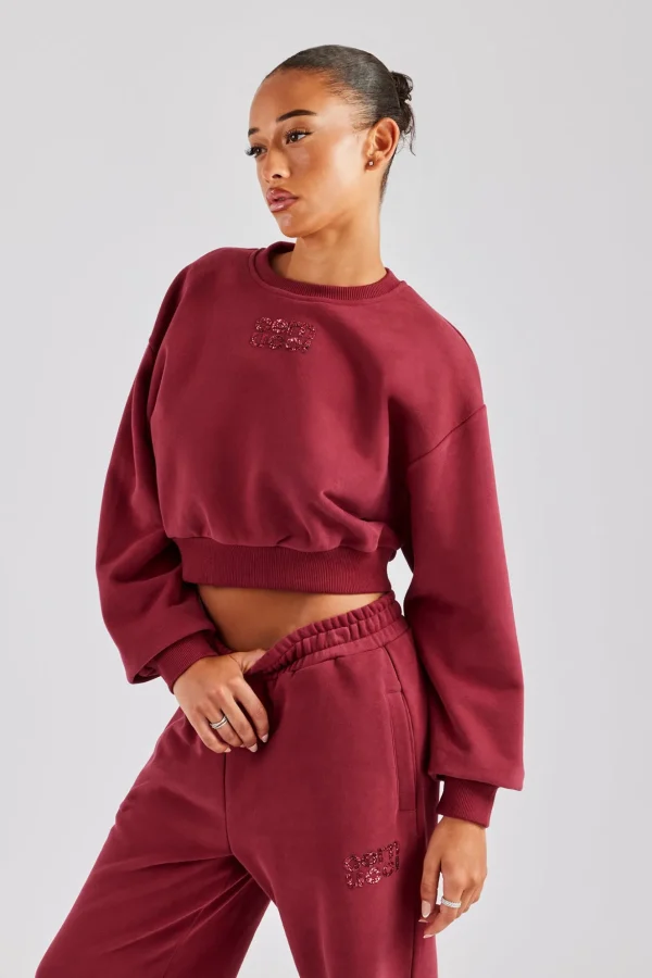 Glitter Applique Cropped Sweatshirt - Cherry Red