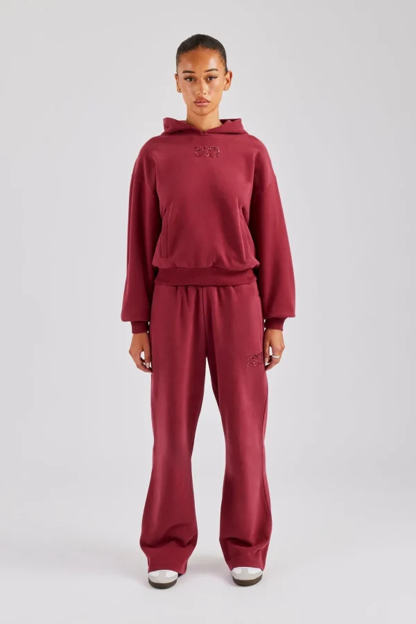 Glitter Applique Oversized Hoodie Tracksuit - Cherry Red