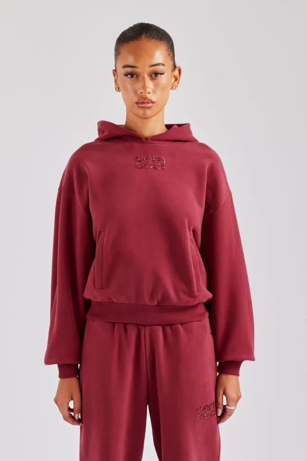 Glitter Applique Oversized Hoodie - Cherry Red