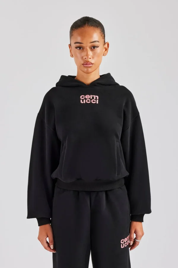 Glitter Applique Oversized Hoodie - Black