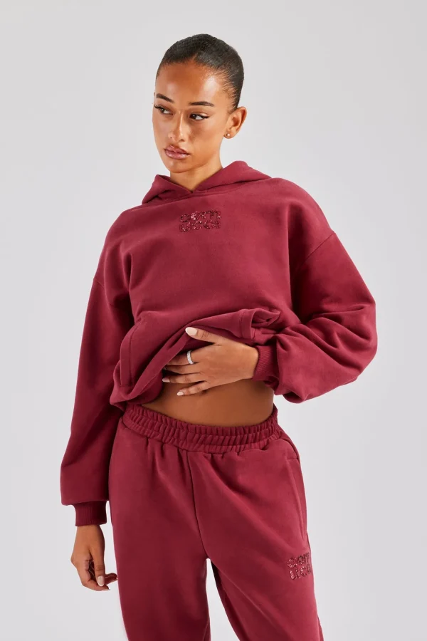 Glitter Applique Oversized Hoodie - Cherry Red