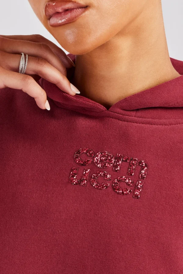 Glitter Applique Oversized Hoodie - Cherry Red