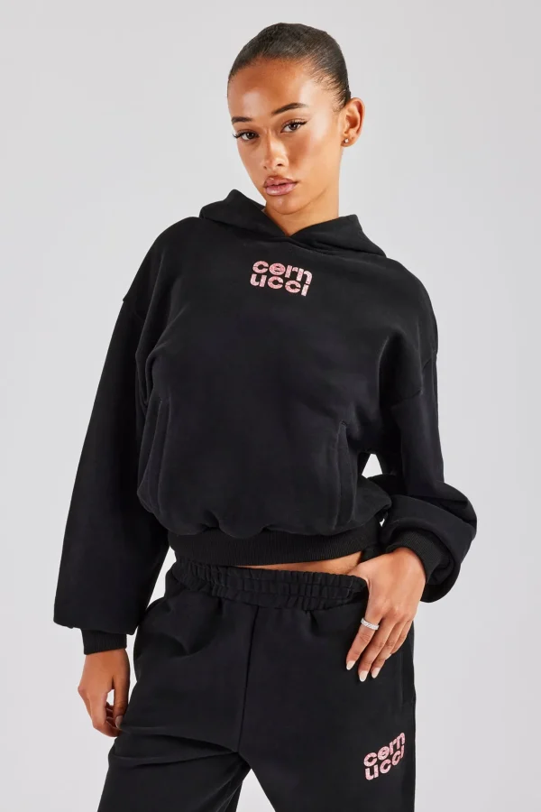 Glitter Applique Oversized Hoodie - Black