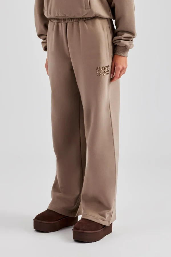 Glitter Applique Wide Leg Jogger - Taupe