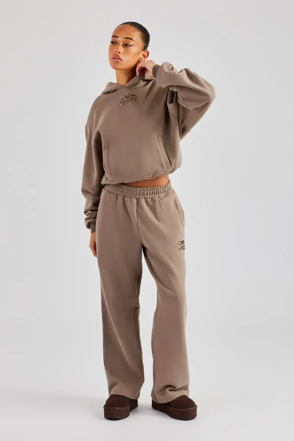 Glitter Applique Wide Leg Jogger - Taupe