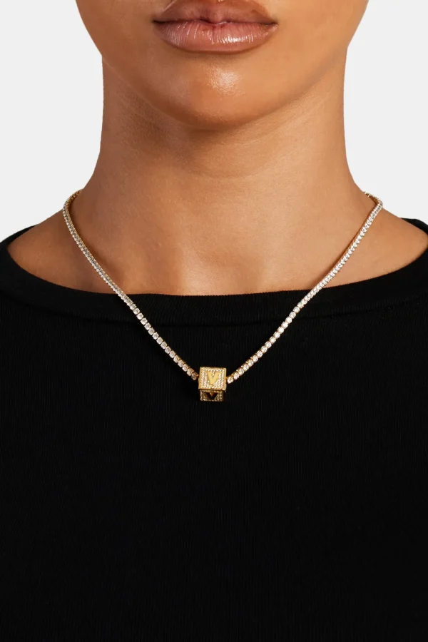 Gold Plated Iced V Letter Block Pendant