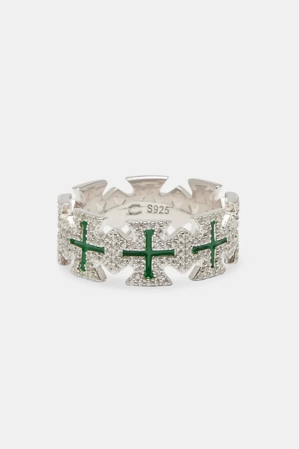 Green Enamel Cross Motif Ring