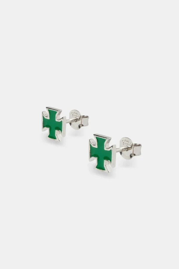 Green Enamel Polished Cross Stud Earrings - 8mm