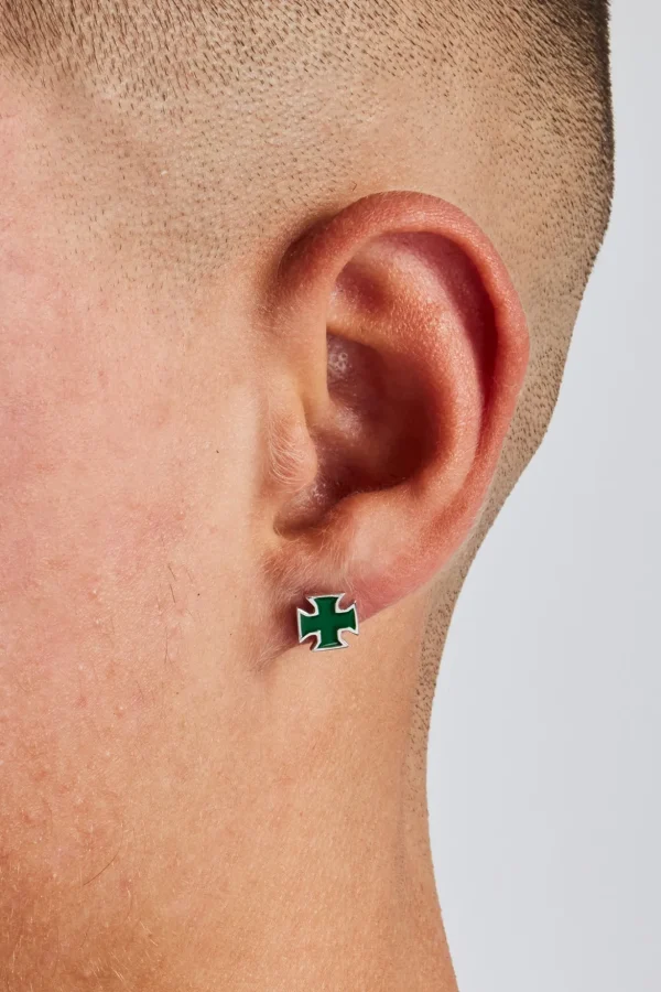 Green Enamel Polished Cross Stud Earrings - 8mm