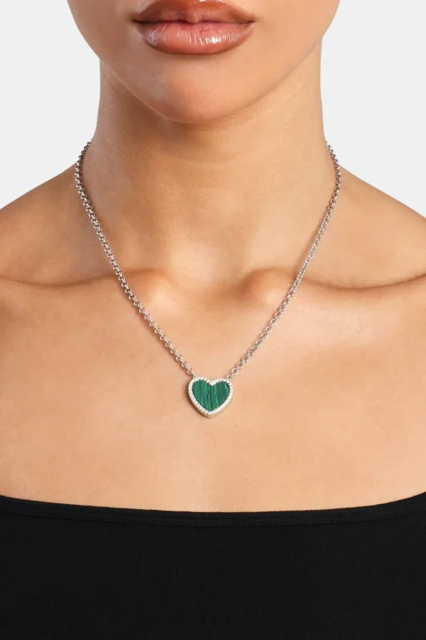 Green Malachite Heart Necklace - White