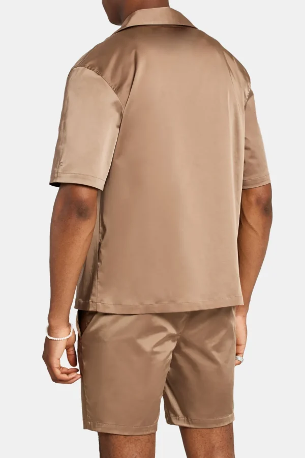 Heavyweight Boxy Fit Satin Shirt - Coffee