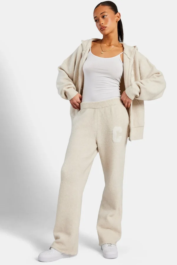 Hooded Zip Through Knitted Tracksuit - Oatmeal