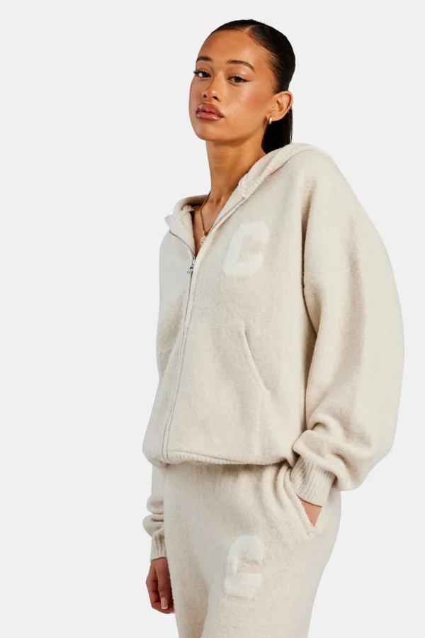 Hooded Zip Through Knitted Jumper - Oatmeal