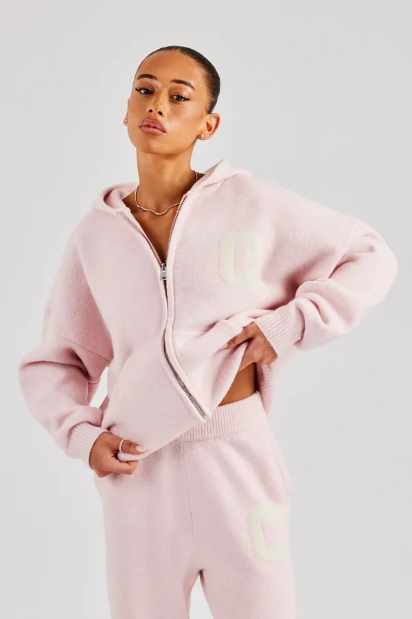 Hooded Zip Through Knitted Jumper - Baby Pink