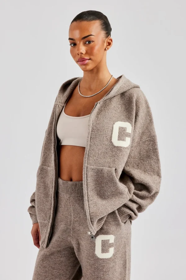 Hooded Zip Through Knitted Jumper - Taupe