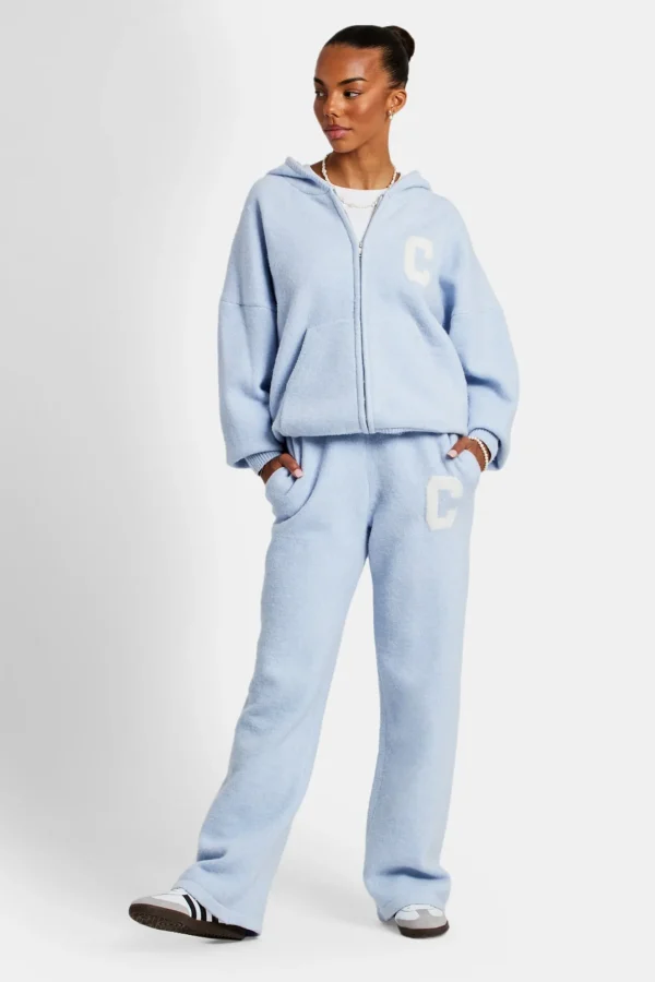 Hooded Zip Through Knitted Tracksuit - Light Blue