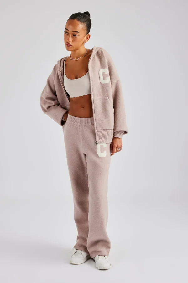 Hooded Zip Through Knitted Tracksuit - Pink