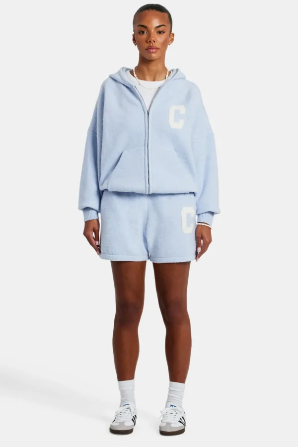 Hooded Zip Through Knitted Short Tracksuit - Light Blue