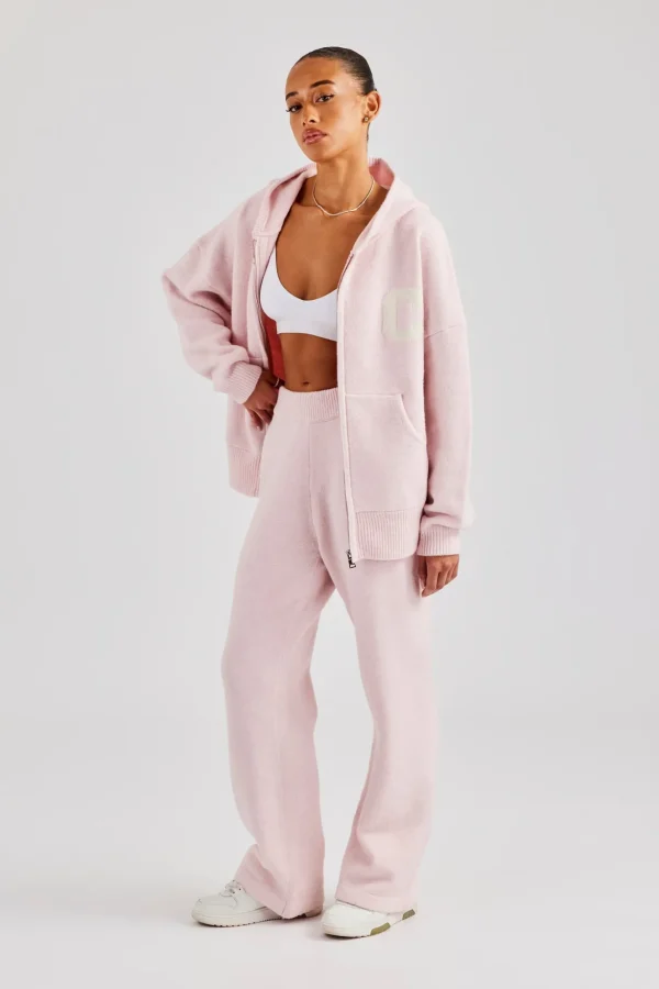 Hooded Zip Through Knitted Tracksuit - Baby Pink