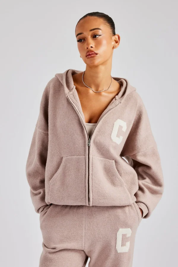 Hooded Zip Through Knitted Hoodie - Pink